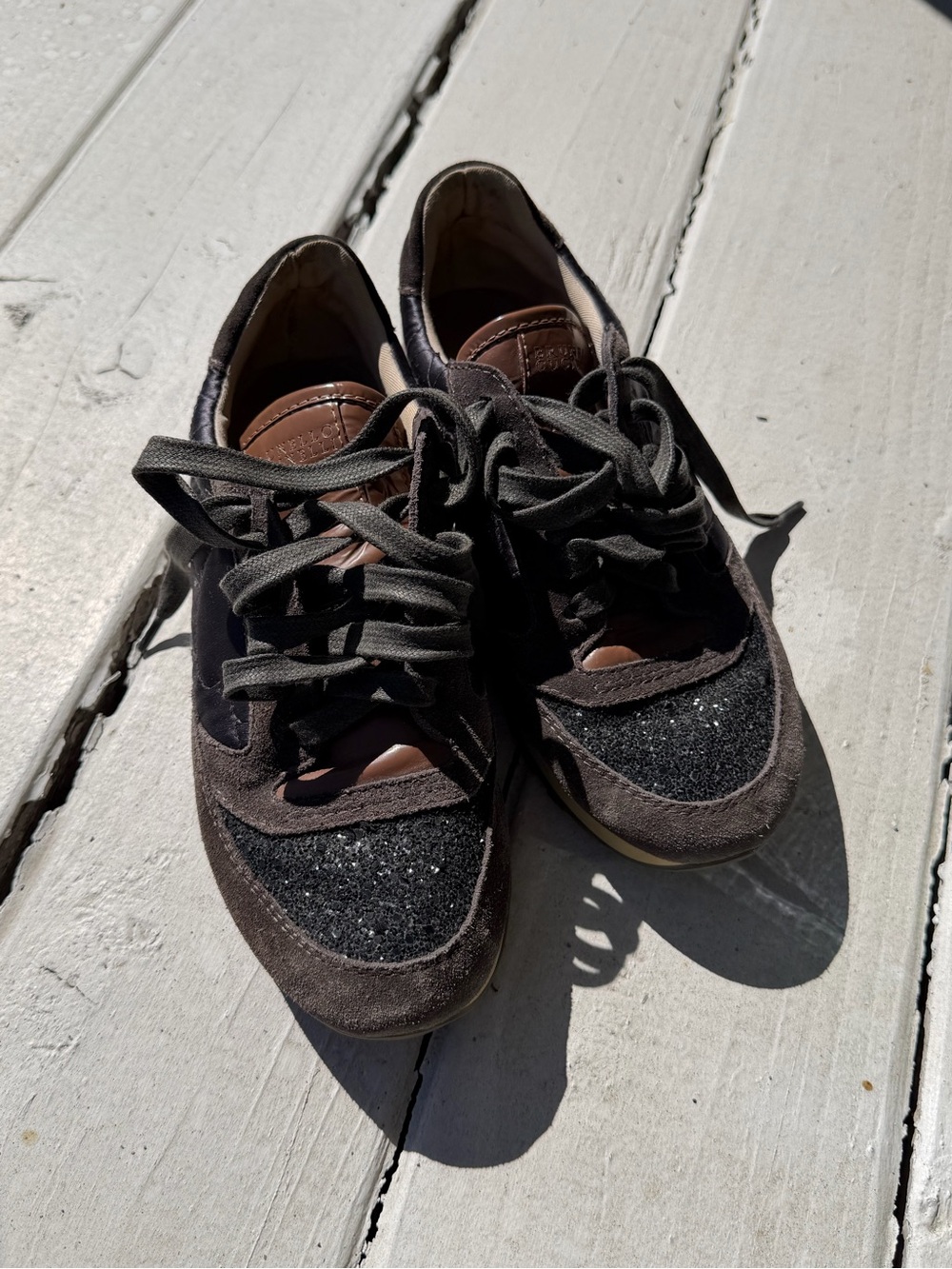 Brunello Cucinelli Dark Brown & Black Suede Glitter Lace-Up Sneakers